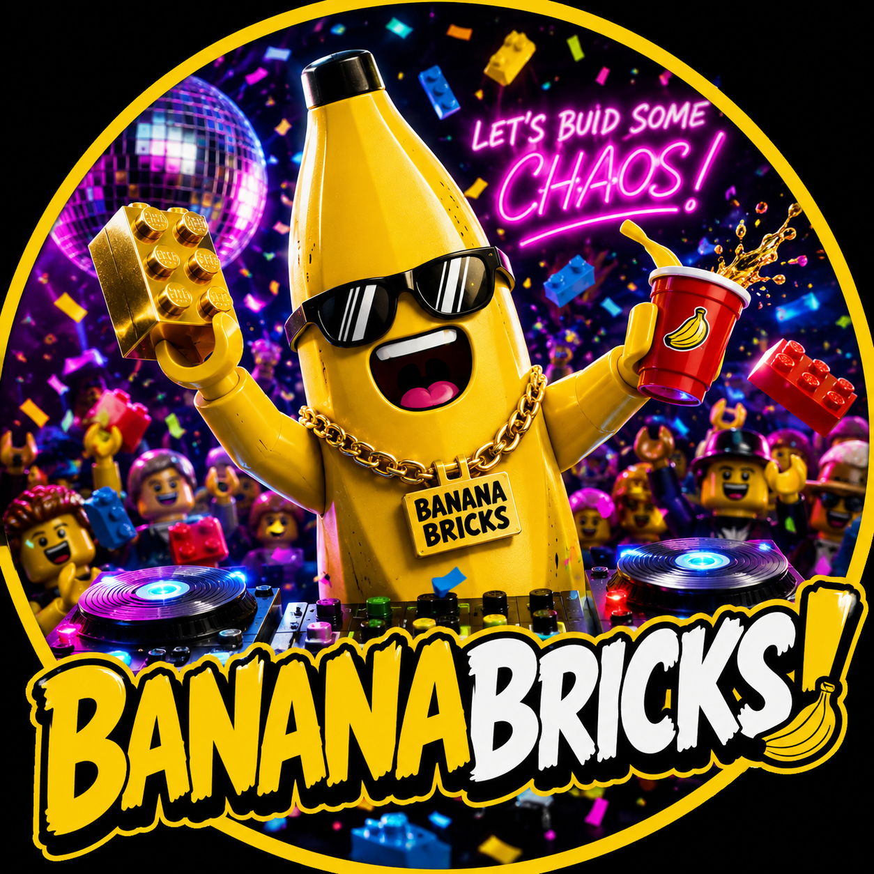 BaNaNaBricks banana mascot surrounded by colorful bricks